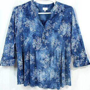 Avenue Sparkle Paisley Swirl V Neck Roll Tab Pull Over Henley Tunic Top 18 20